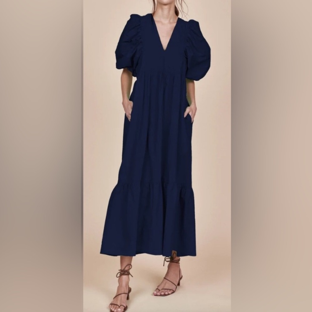 HUNTER BELL Navy Blue Puff Sleeve Maxi Dress